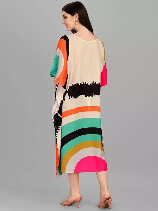 Exotic India Rainbow Printed Boat Neck Rayon Midi Kaftan 