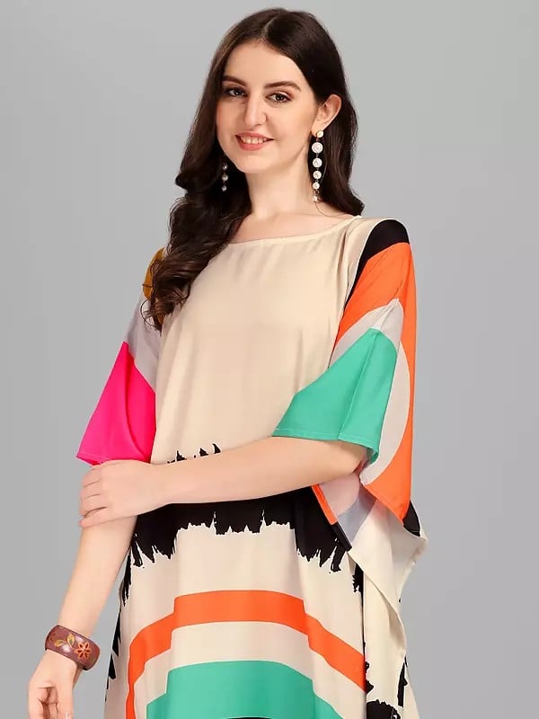 Exotic India Rainbow Printed Boat Neck Rayon Midi Kaftan 