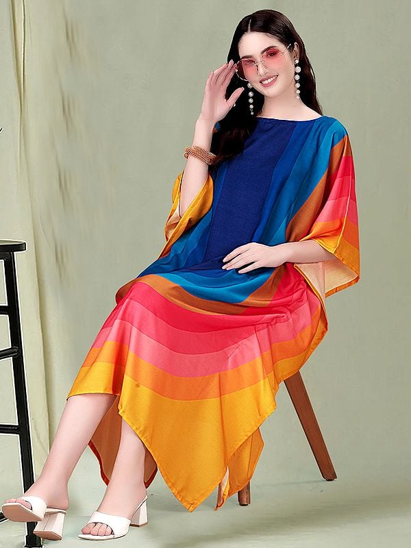 Exotic India Rainbow Printed Rayon Round Neck Midi Kaftan 