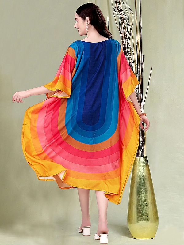 Exotic India Rainbow Printed Rayon Round Neck Midi Kaftan 