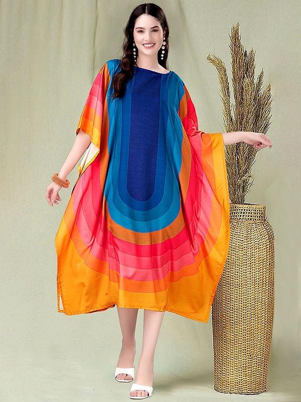 exotic india Rainbow Printed Rayon Round Neck Midi Kaftan 
