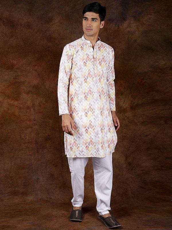 Exotic India Rainbow Pure Cotton Kurta Pajama Set With Thread Embroidery In Diamond Pattern 