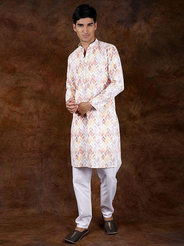 Exotic India Rainbow Pure Cotton Kurta Pajama Set With Thread Embroidery In Diamond Pattern 