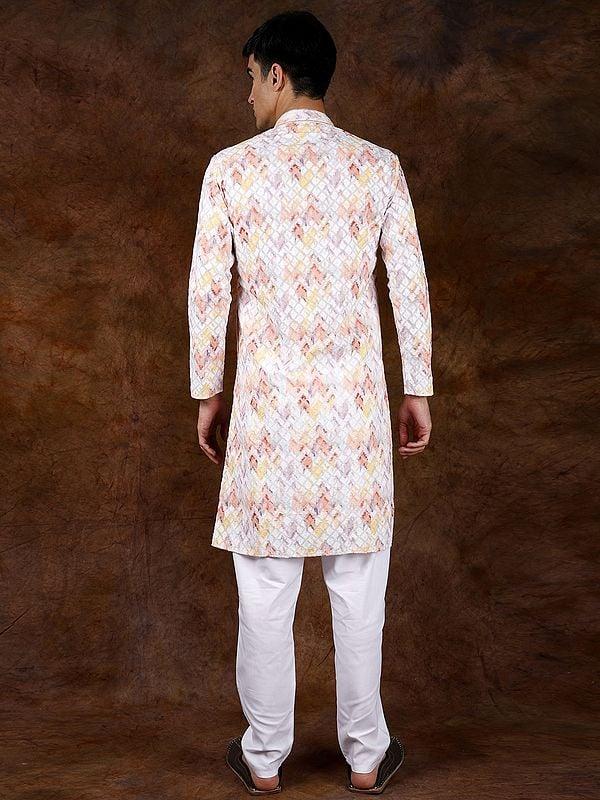 Exotic India Rainbow Pure Cotton Kurta Pajama Set With Thread Embroidery In Diamond Pattern 