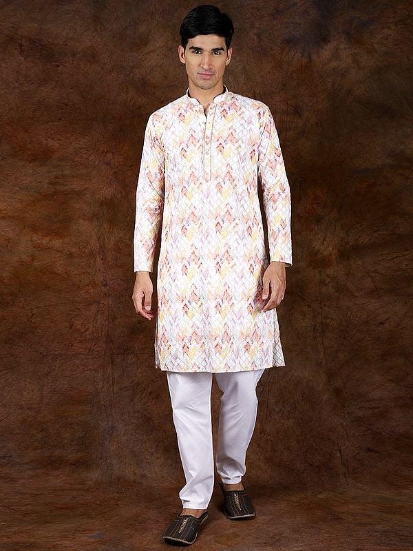 exotic india Rainbow Pure Cotton Kurta Pajama Set with Thread Embroidery in Diamond Pattern 