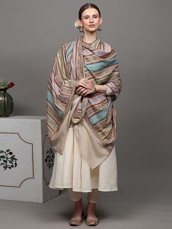 Exotic India Rainbow Pure Pashmina Handloom Shawl With Traditional Khatrass Embroidery 