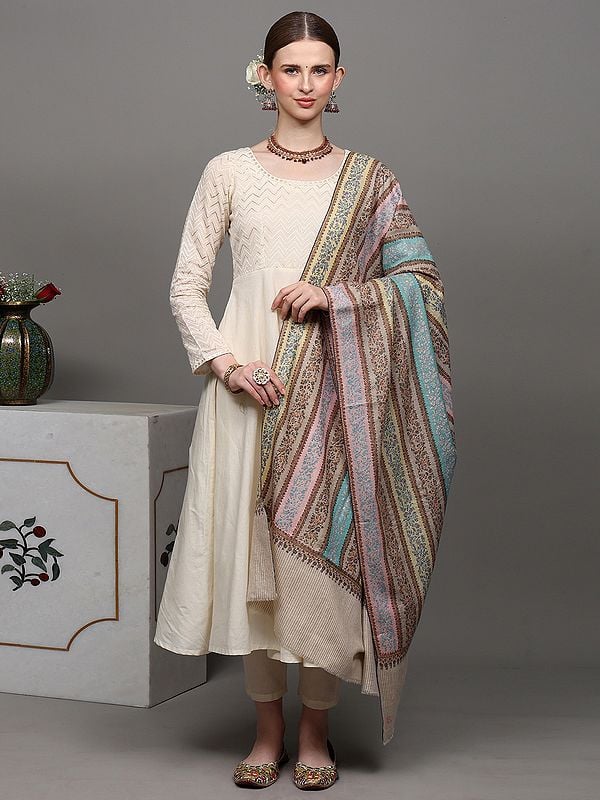 Exotic India Rainbow Pure Pashmina Handloom Shawl With Traditional Khatrass Embroidery 