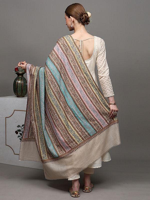 Exotic India Rainbow Pure Pashmina Handloom Shawl With Traditional Khatrass Embroidery 