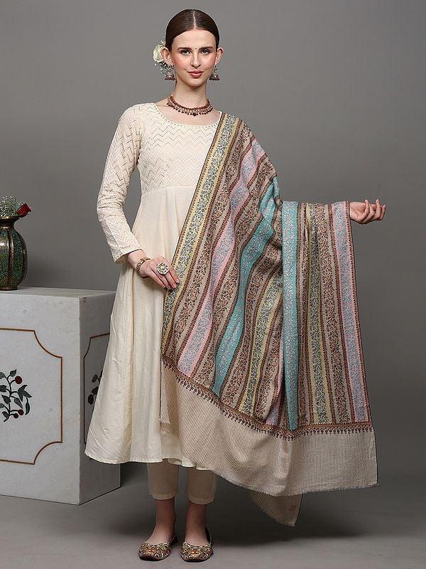 exotic india Rainbow Pure Pashmina Handloom Shawl with Traditional Khatrass Embroidery 