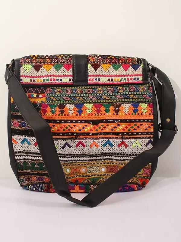 Exotic India Rainbow Rabari Embroidery Boho Cross-body Bag With Sequins And Mirror Work 
