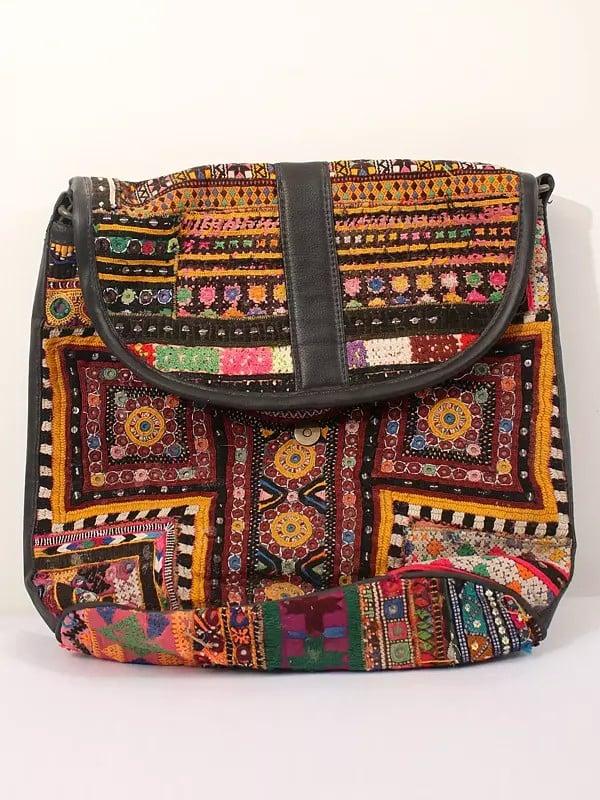 exotic india Rainbow Rabari Embroidery Boho Cross-body Bag with Sequins and Mirror Work 