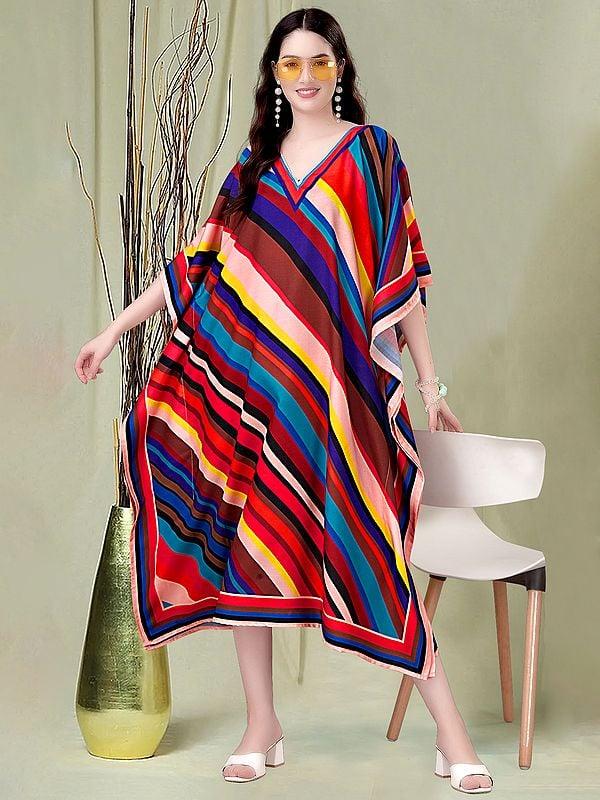 Exotic India Rainbow Stripe Printed V-Neck Midi Kaftan 