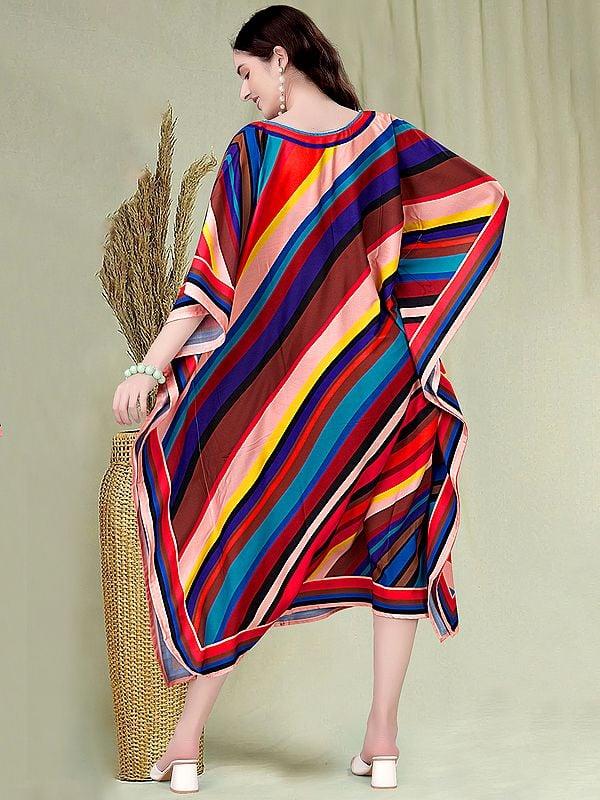 Exotic India Rainbow Stripe Printed V-Neck Midi Kaftan 