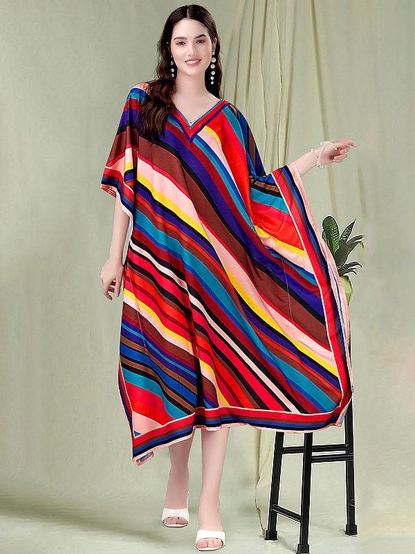 exotic india Rainbow Stripe Printed V-Neck Midi Kaftan 
