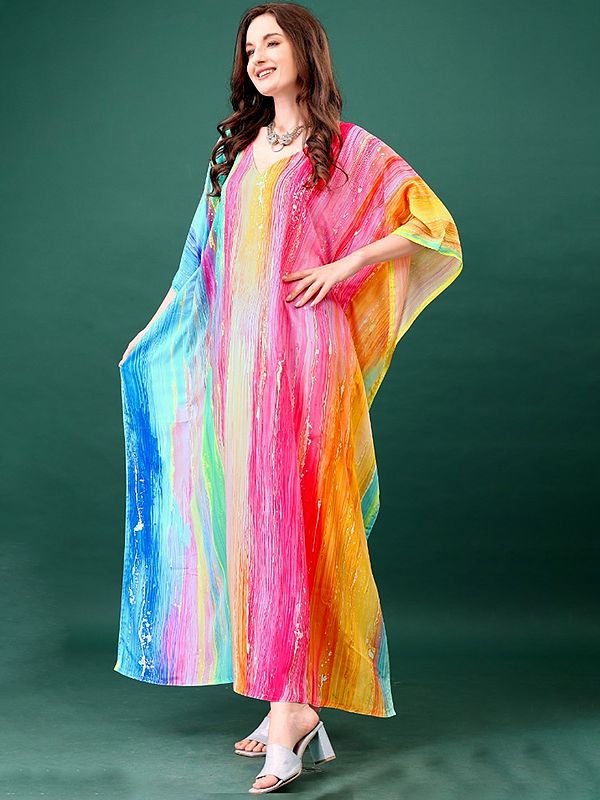 Exotic India Rainbow Stripes Printed Long Kaftan With Internal Drawstring 