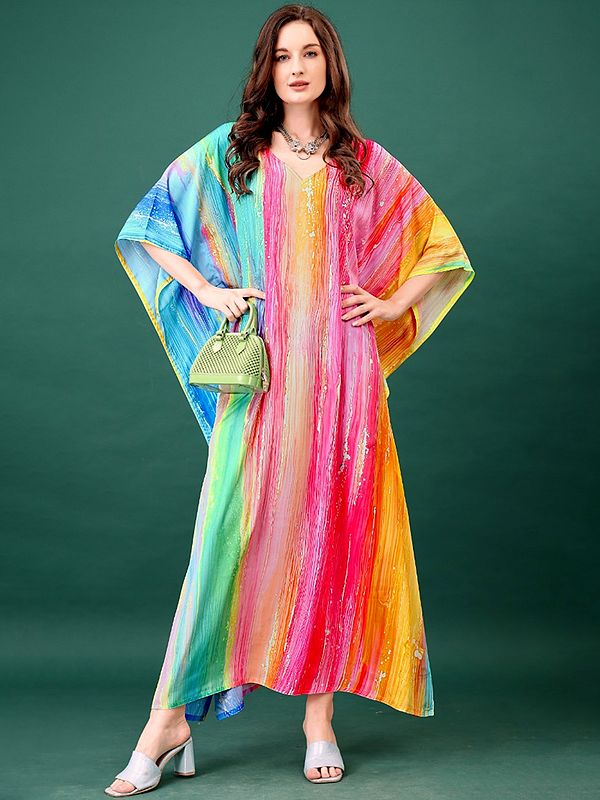 exotic india Rainbow Stripes Printed Long Kaftan with Internal Drawstring 