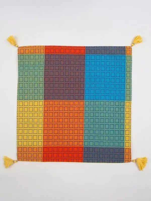 Exotic India Rainbow Woven Check Pattern Cushion Cover With Tassels 