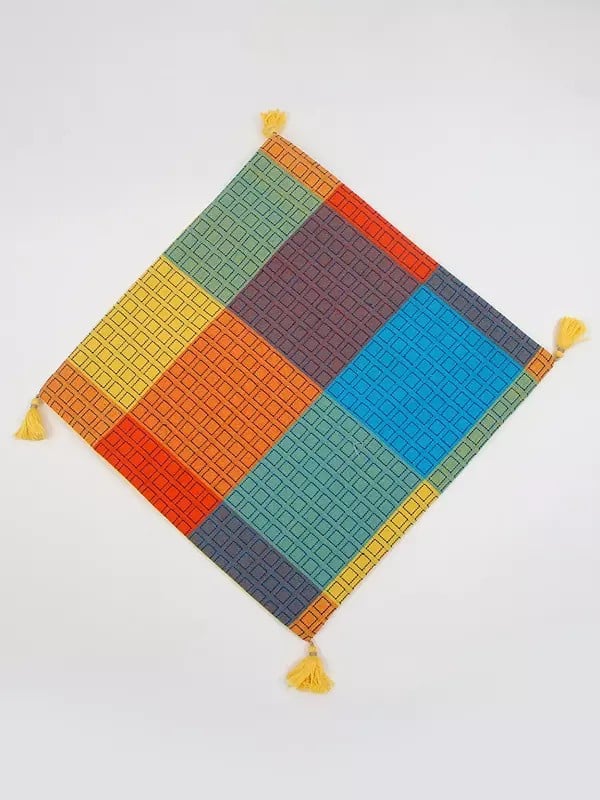 Exotic India Rainbow Woven Check Pattern Cushion Cover With Tassels 
