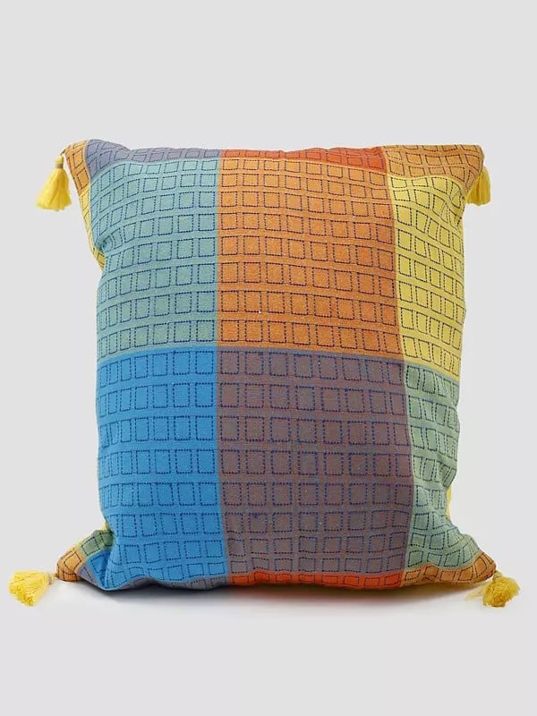 exotic india Rainbow Woven Check Pattern Cushion Cover with Tassels