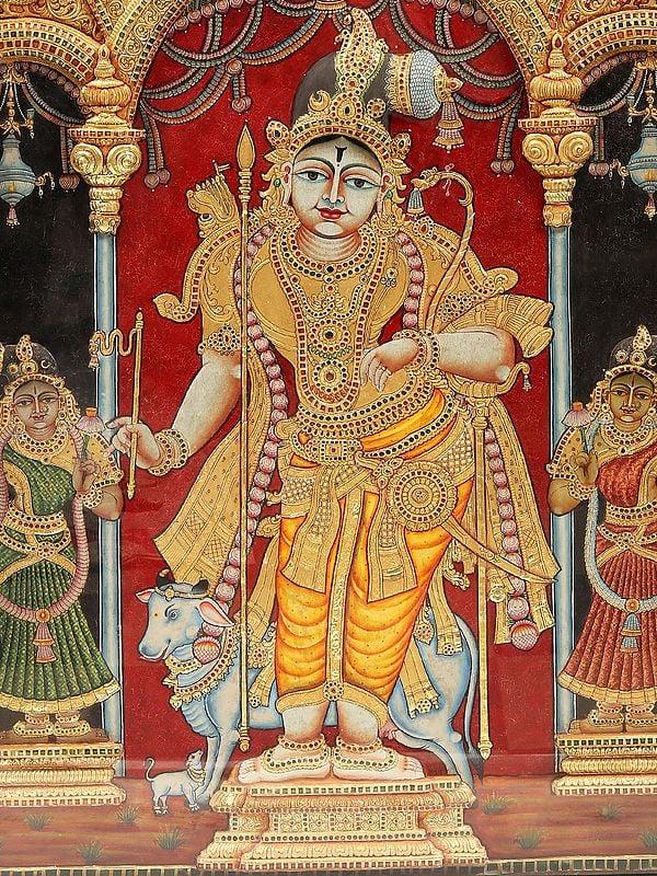 Exotic India Rajamannar (Rajagopalaswamy) | Tanjore Painting | With Vintage Teakwood Frame