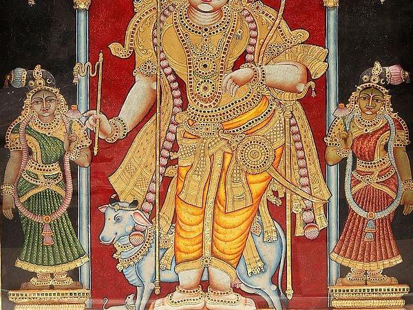 Exotic India Rajamannar (Rajagopalaswamy) | Tanjore Painting | With Vintage Teakwood Frame