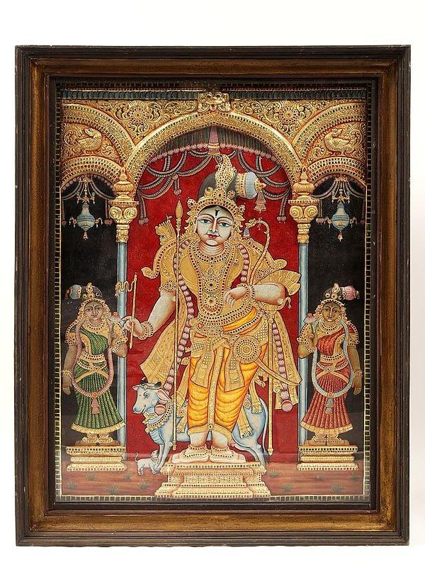 exotic india Rajamannar (Rajagopalaswamy) | Tanjore Painting | With Vintage Teakwood Frame 