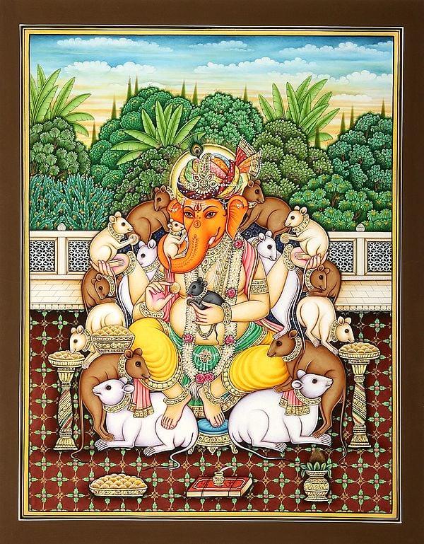 exotic india Rajasthani Turbaned Ganesha Surrounded by the Happy Rats