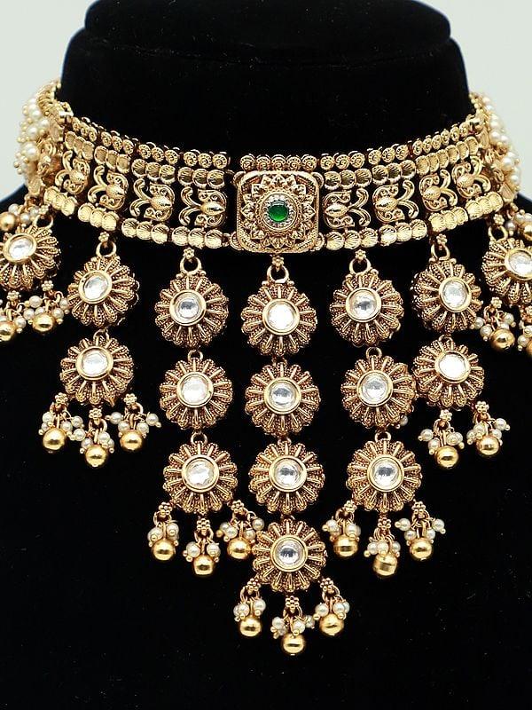 Exotic India Rajwadi Design Choker Necklace Set With Beautiful Carving Earrings And Hanging Beads