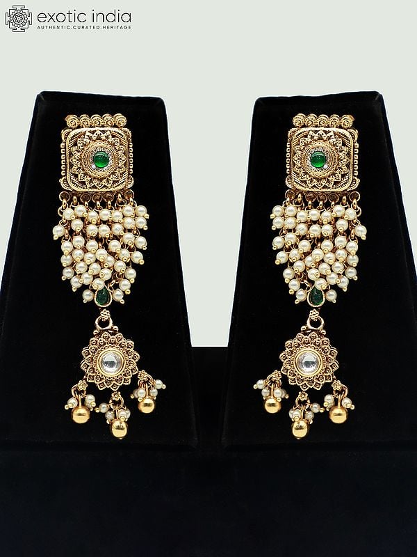 Exotic India Rajwadi Design Choker Necklace Set With Beautiful Carving Earrings And Hanging Beads