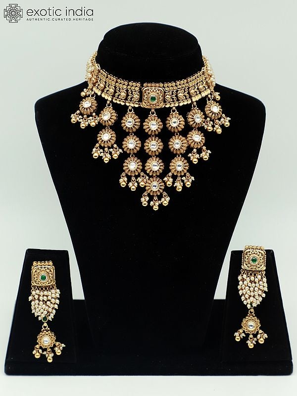 exotic india Rajwadi Design Choker Necklace Set With Beautiful Carving Earrings And Hanging Beads