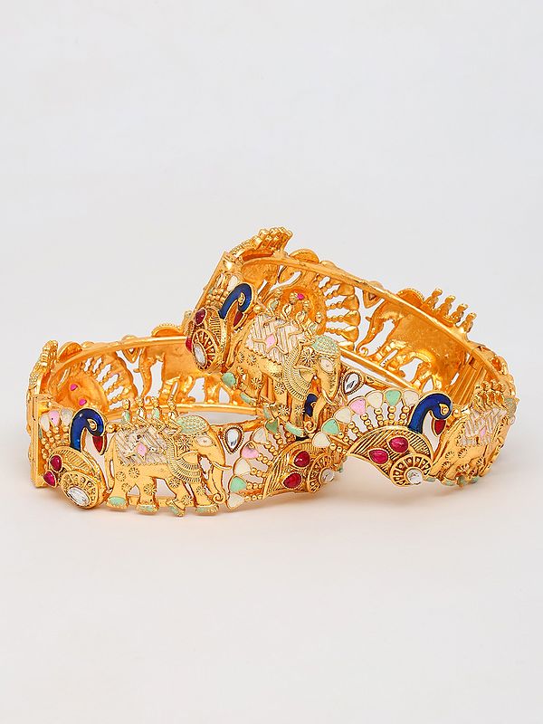 Exotic India Rajwadi Elephant And Peacock Screw Openable Bangles With Studded Stone