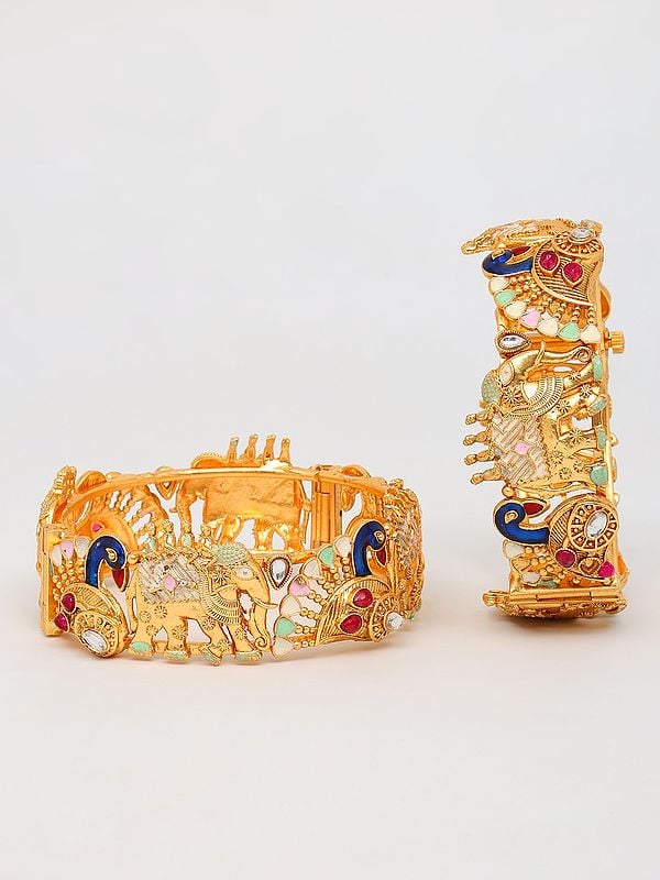 Exotic India Rajwadi Elephant And Peacock Screw Openable Bangles With Studded Stone