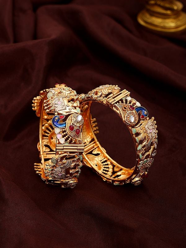 exotic india Rajwadi Elephant and Peacock Screw Openable Bangles with Studded Stone 