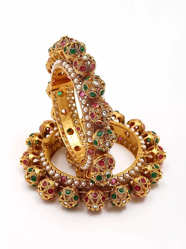 exotic india Rajwadi Style Stone Studded Screw Openable Pair of Bangles 