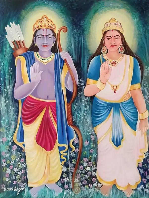 exotic india Ram And Sita In Blessing Gesture | Acrylic On Canvas | By Damini Sargam 