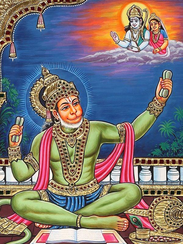 Exotic India Ram Bhakt Hanuman Framed Tanjore Painting