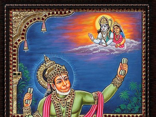Exotic India Ram Bhakt Hanuman Framed Tanjore Painting