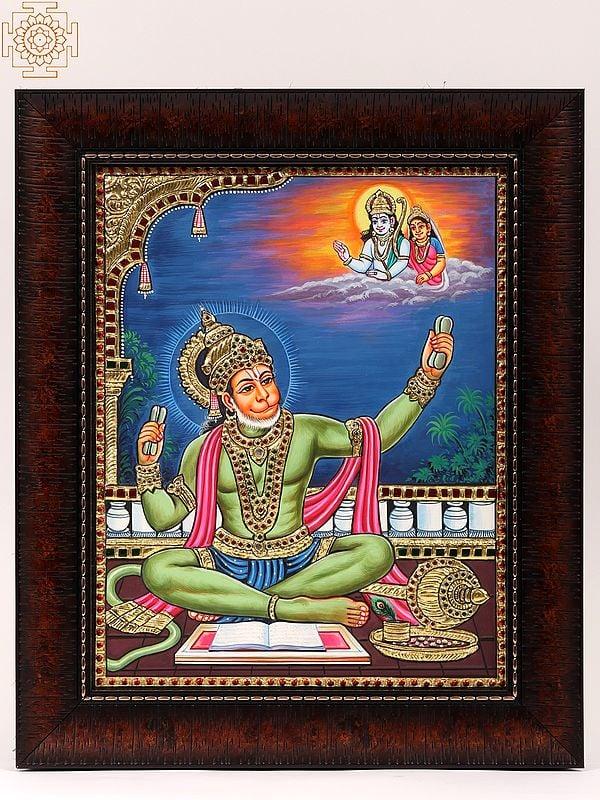 exotic india Ram Bhakt Hanuman Framed Tanjore Painting
