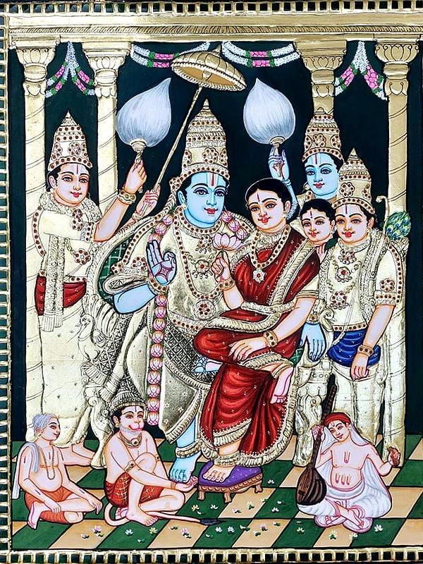 exotic india Ram Darbar Tanjore Painting | Traditional Colors with Gold Work 