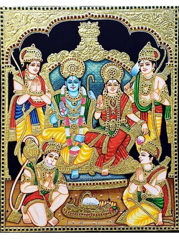 exotic india Ram Darbar Tanjore Painting - Traditional Colors with Gold Work 