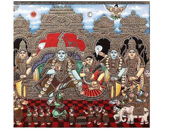 Exotic India Rama Darbar Tanjore Painting | Traditional Colors With 24K Gold | Teakwood Frame | Gold & Wood | Handmade | Made In India
