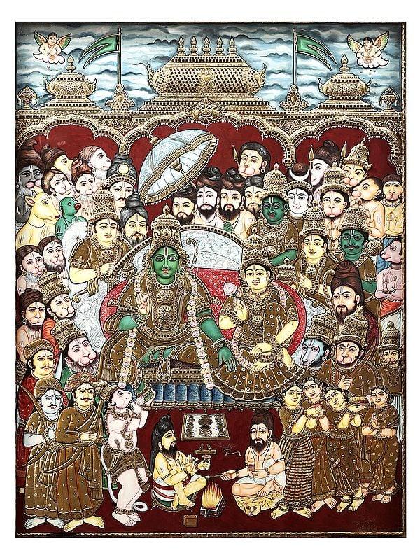 Exotic India Rama Darbar Tanjore Painting | Traditional Colors With 24K Gold | Teakwood Frame | Gold & Wood | Handmade | Made In India