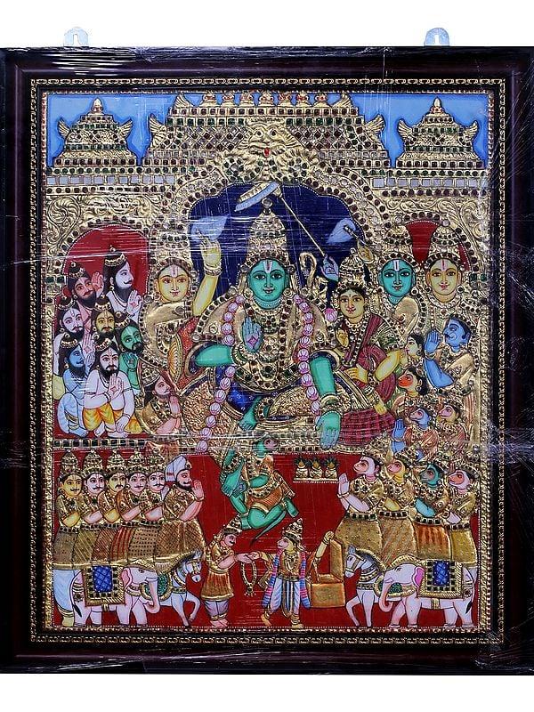 exotic india Rama Pattabhishekam Tanjore Painting with Frame | Traditional Colors with 24 Karat Gold 