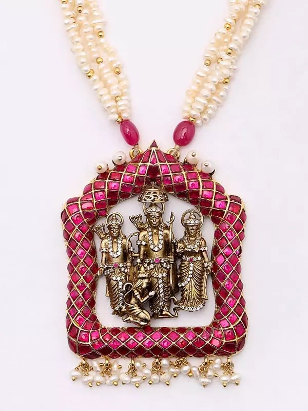 Exotic India Ramdarbar Necklace And Earrings Set With Beaded Strand 