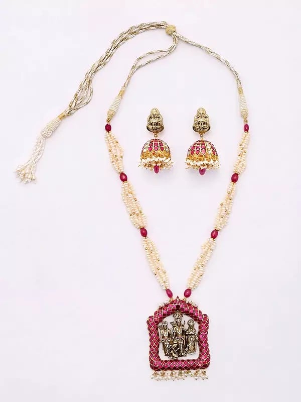 exotic india Ramdarbar Necklace and Earrings Set with Beaded Strand 