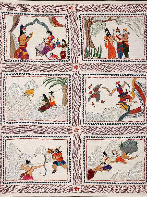 Exotic India Ramleela (The Life Of Rama) | Kantha Stitch Embroidery Painting 