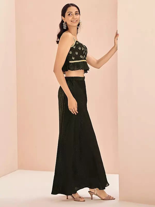 Exotic India Rangoon-Green Attractive Solid Party Wear Art Silk Crop-Top Palazzo Suit With Floral Motifs 