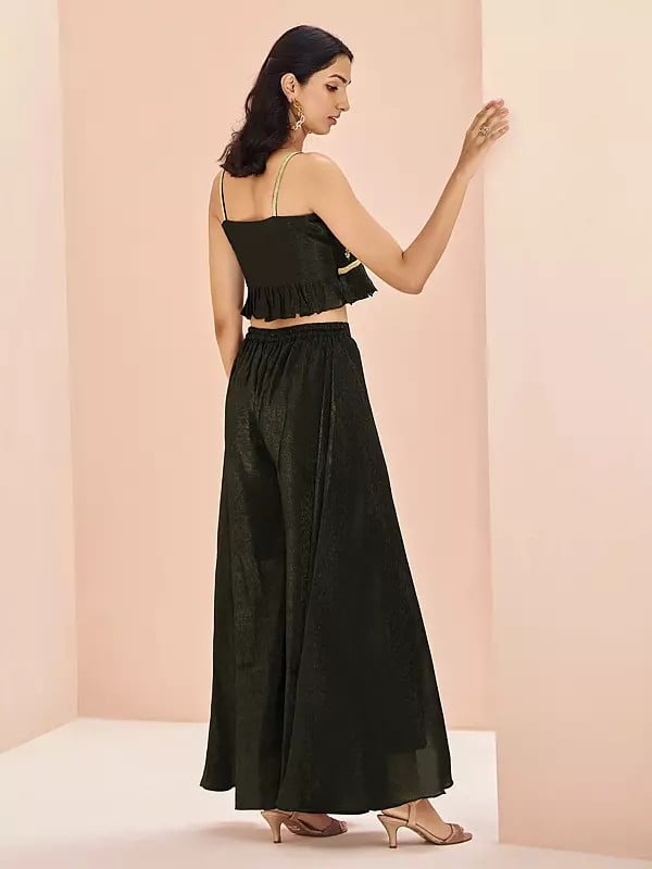Exotic India Rangoon-Green Attractive Solid Party Wear Art Silk Crop-Top Palazzo Suit With Floral Motifs 