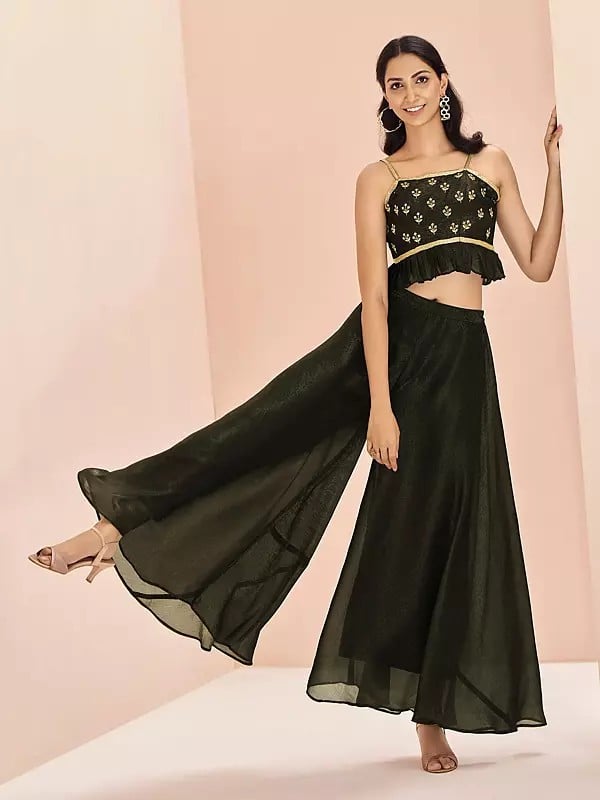Exotic India Rangoon-Green Attractive Solid Party Wear Art Silk Crop-Top Palazzo Suit With Floral Motifs 