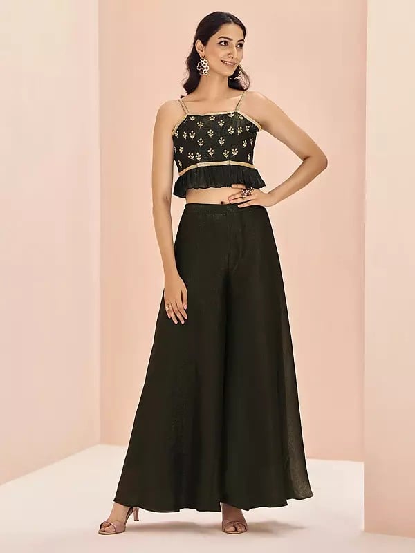 exotic india Rangoon-Green Attractive Solid Party Wear Art Silk Crop-Top Palazzo Suit With Floral Motifs